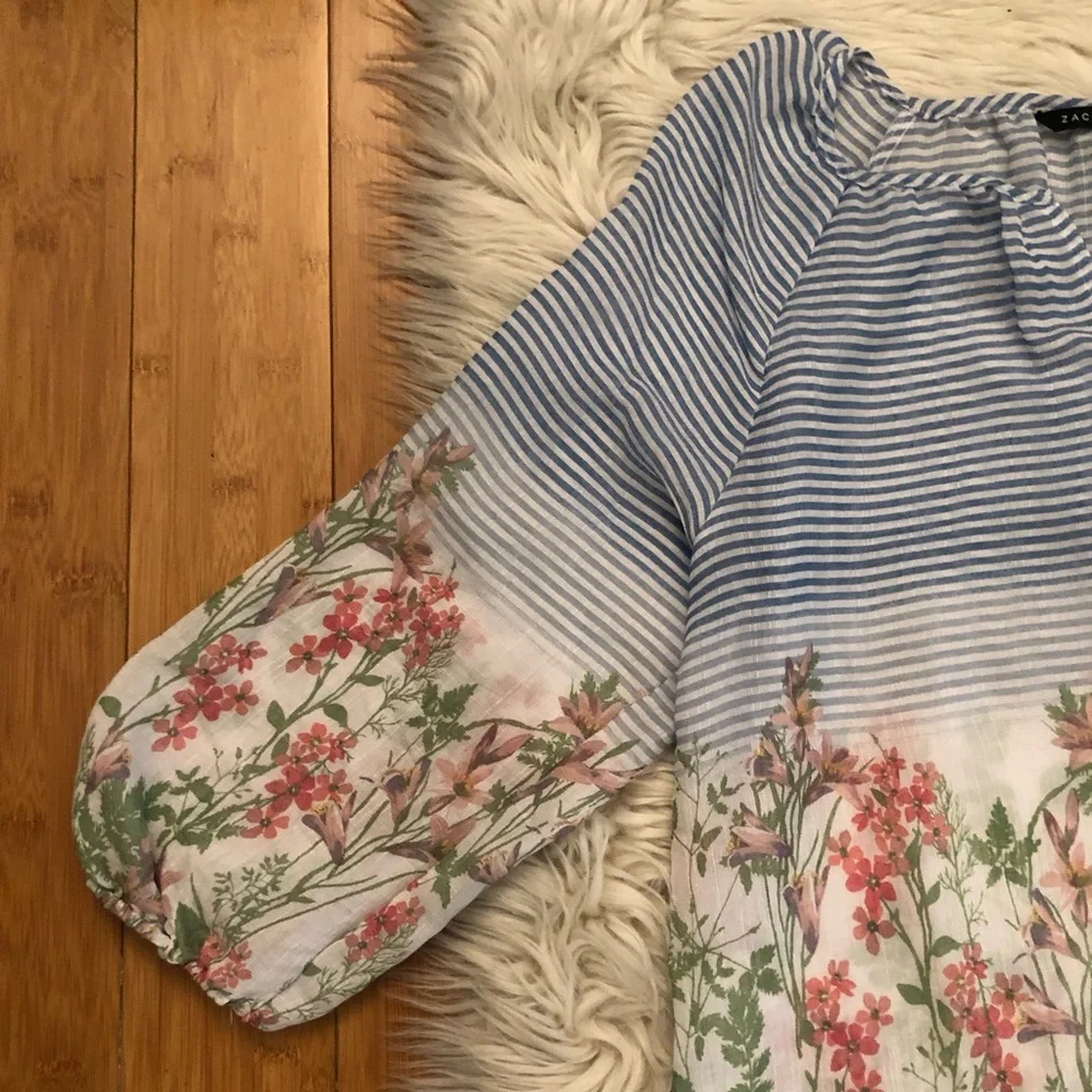 Zac & Rachel Boho Semi Sheer Peasant Floral Prints Stripe Puff Sleeves size S